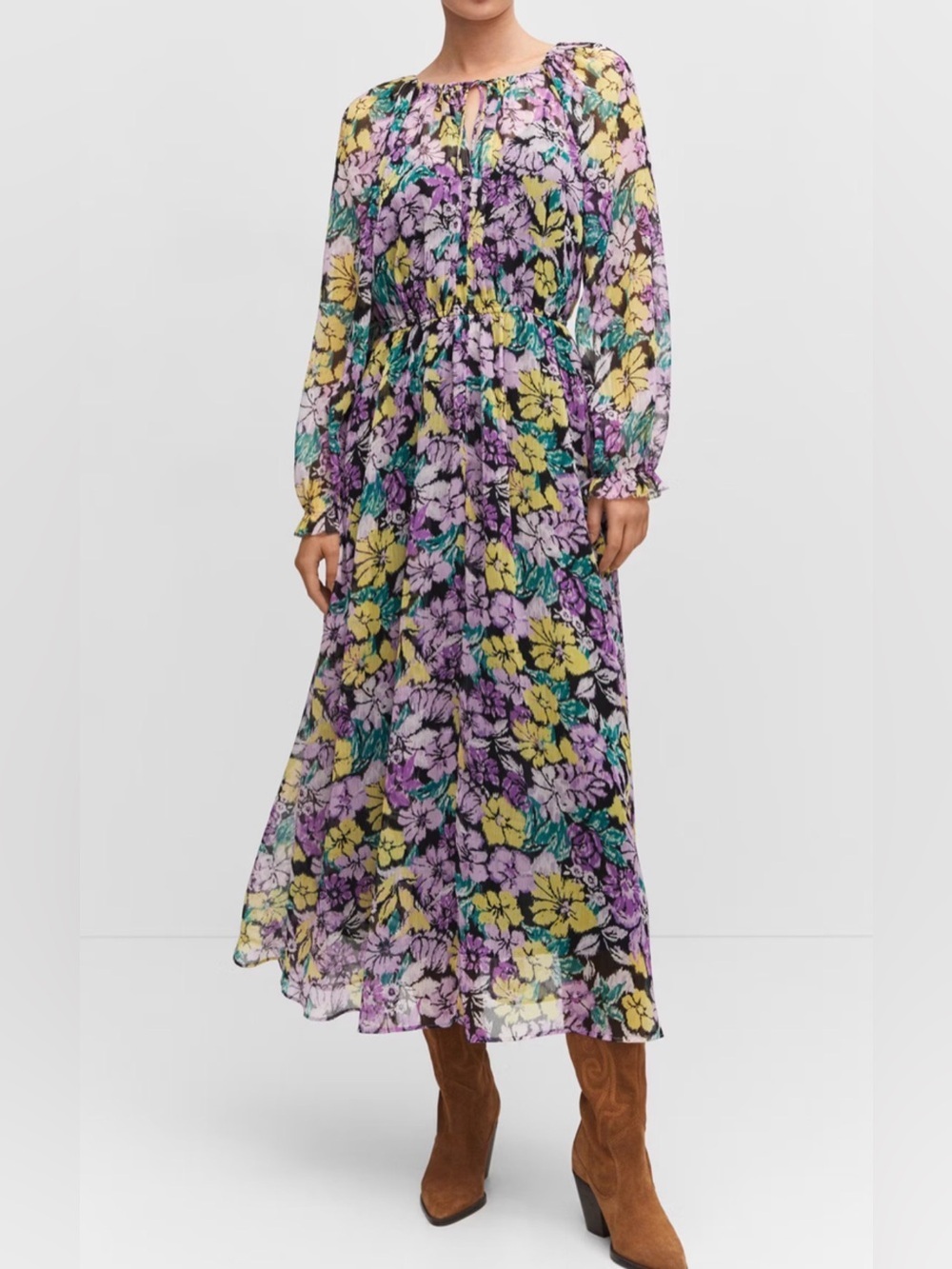 MNG Floral Long Sleeve Sheer Maxi Dress Multicolor Floral Print 20